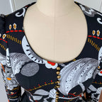 1970s Psychedelic Floral Maxi Dress-Black Vintage Peplum Waist Long Sleeves Dress