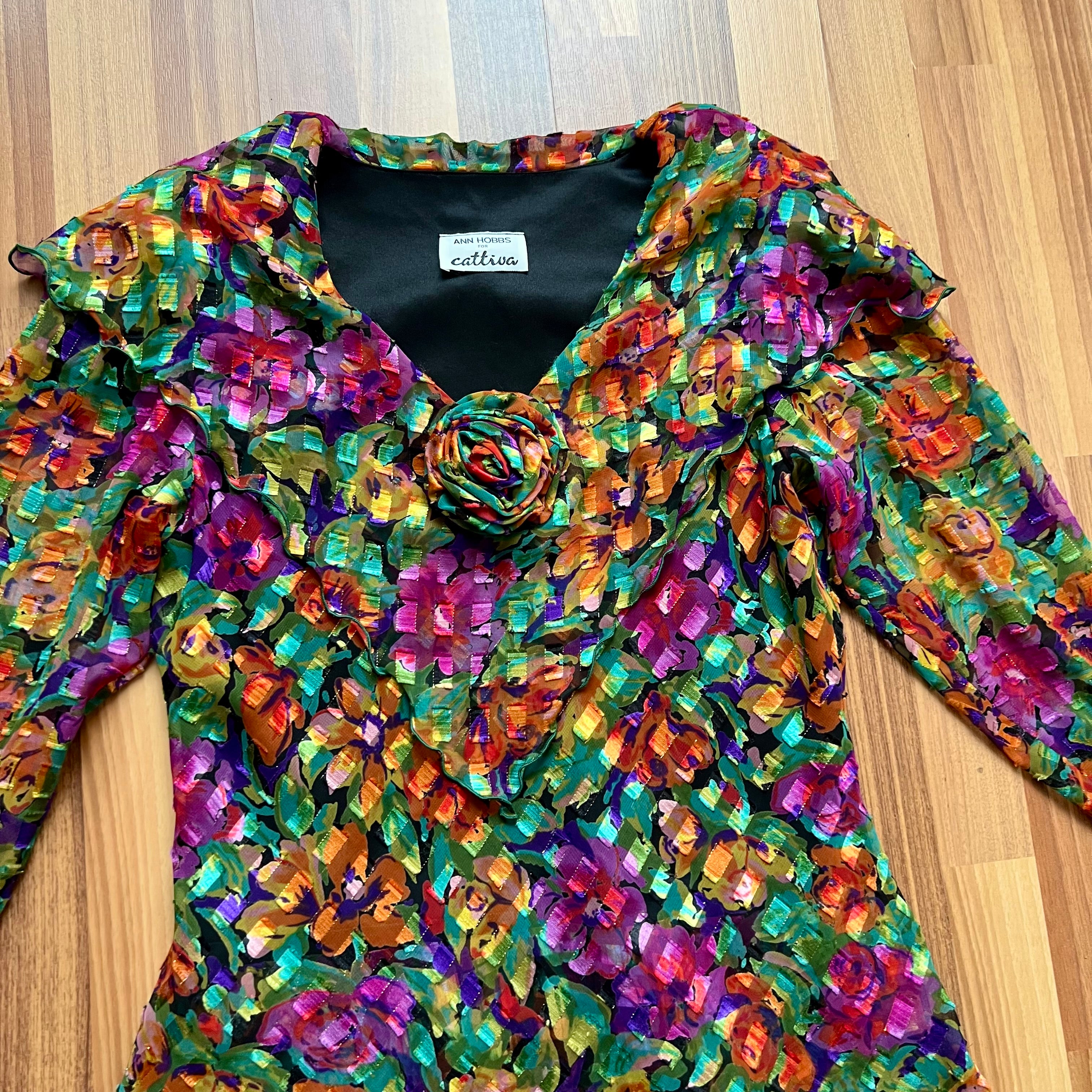 1980s Metallic Floral  Party DressRuffle Hem Tiered Cocktail Dress-Long Sleeves
