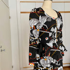 1970s Psychedelic Floral Maxi Dress-Black Vintage Peplum Waist Long Sleeves Dress