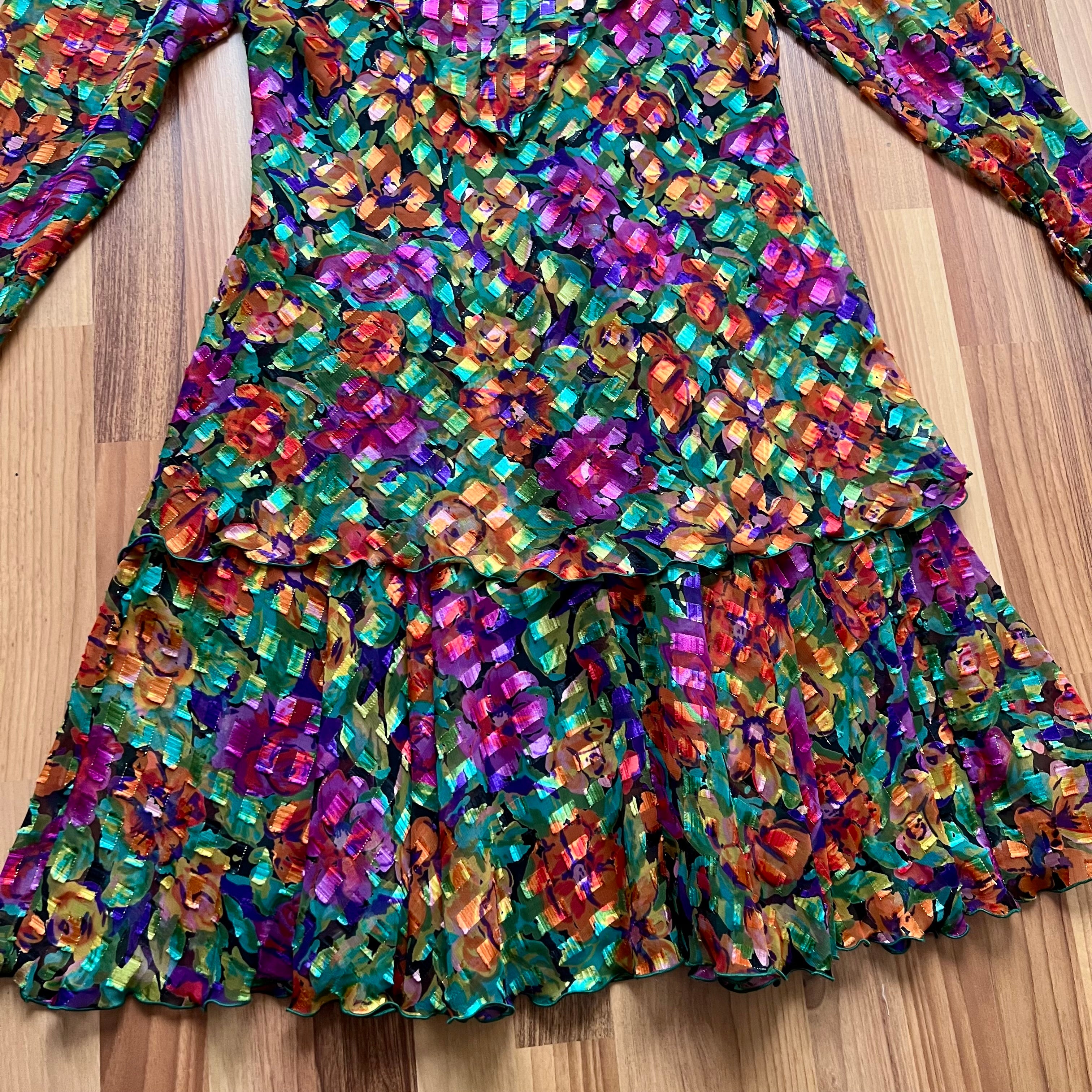 1980s Metallic Floral  Party DressRuffle Hem Tiered Cocktail Dress-Long Sleeves