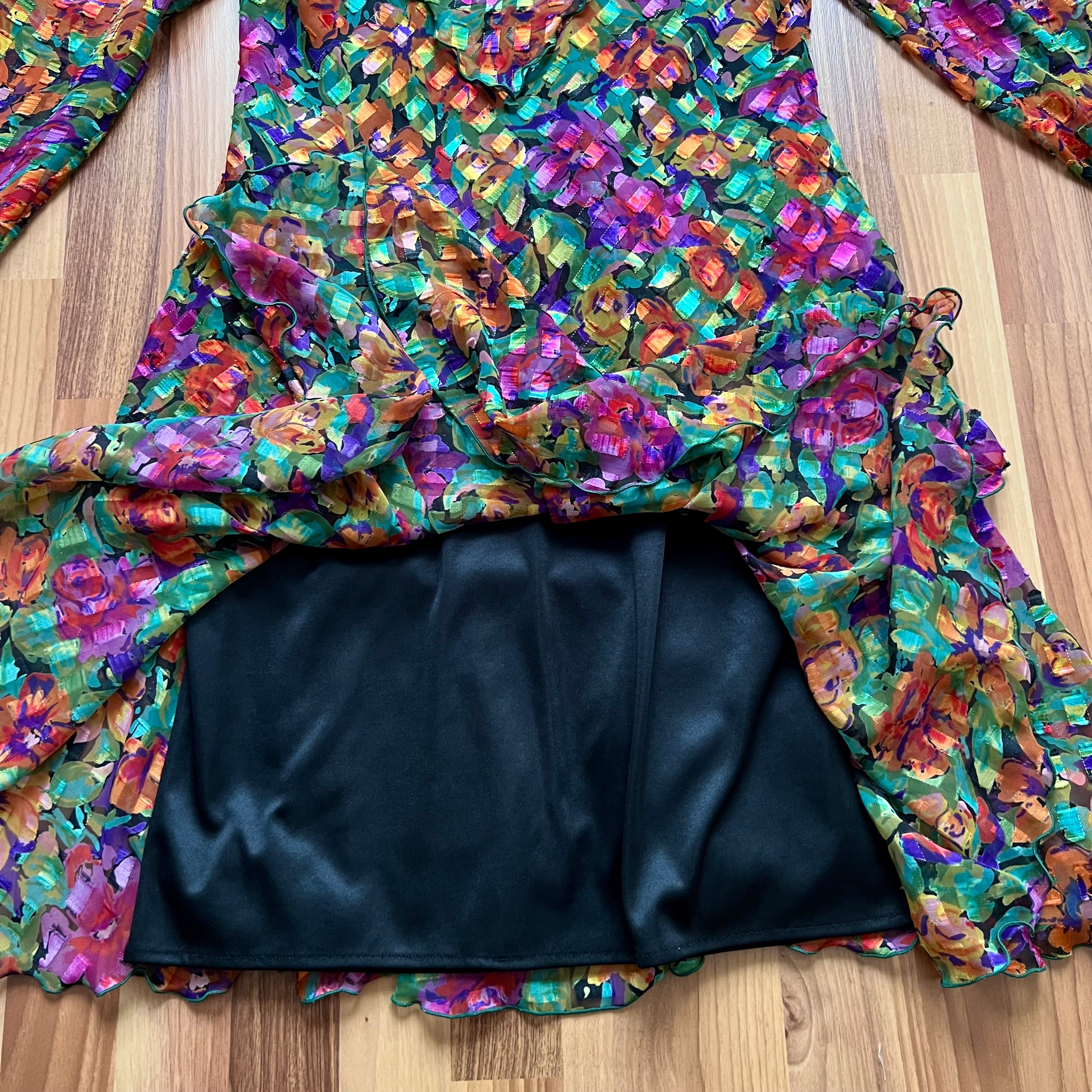 1980s Metallic Floral  Party DressRuffle Hem Tiered Cocktail Dress-Long Sleeves