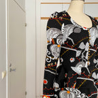 1970s Psychedelic Floral Maxi Dress-Black Vintage Peplum Waist Long Sleeves Dress