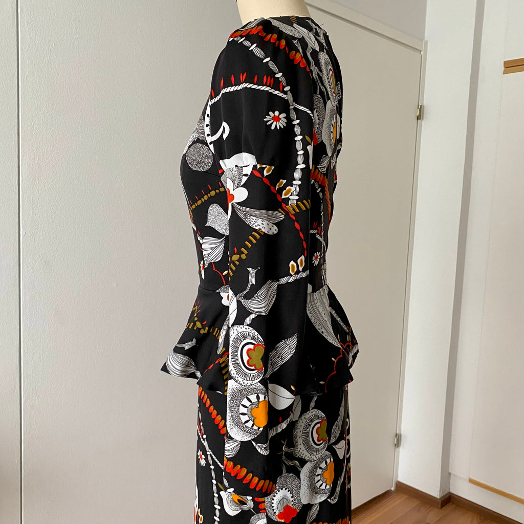 1970s Psychedelic Floral Maxi Dress-Black Vintage Peplum Waist Long Sleeves Dress