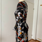 1970s Psychedelic Floral Maxi Dress-Black Vintage Peplum Waist Long Sleeves Dress