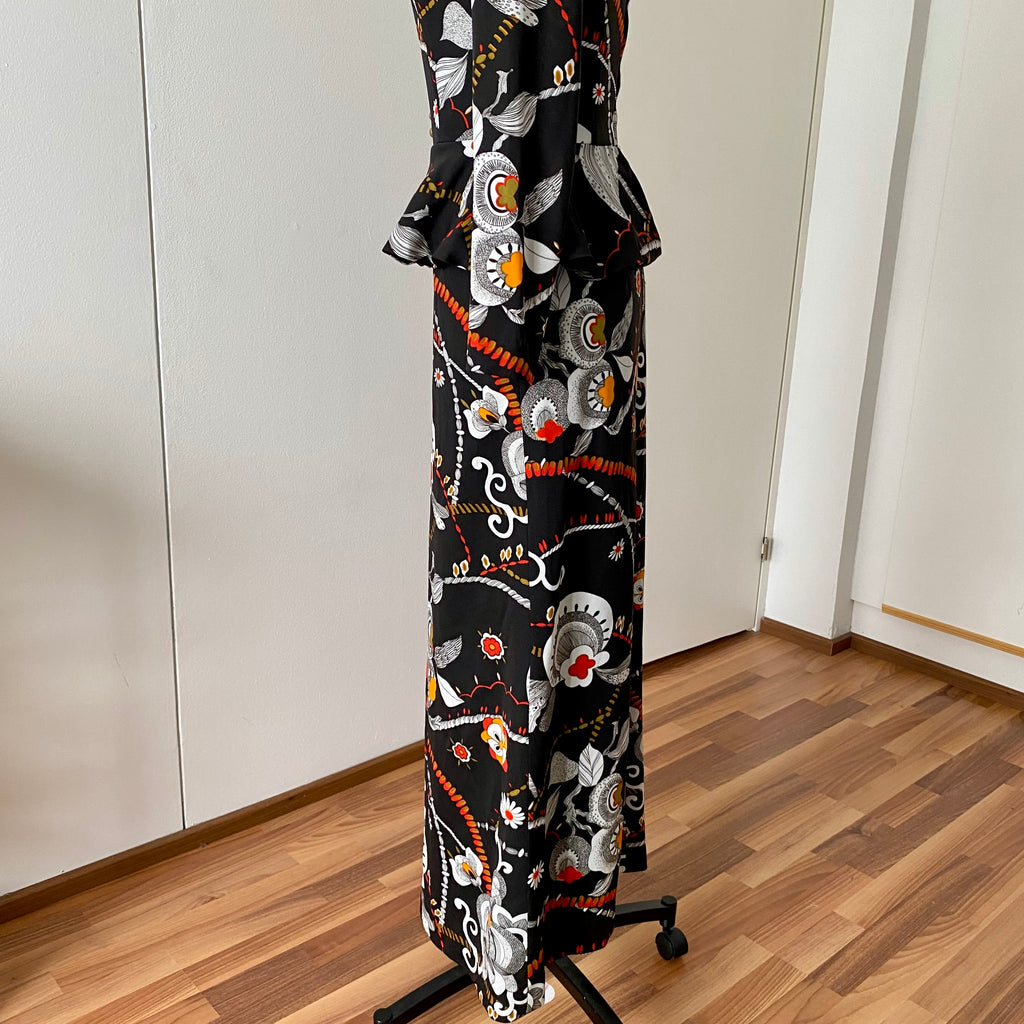 1970s Psychedelic Floral Maxi Dress-Black Vintage Peplum Waist Long Sleeves Dress