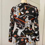 1970s Psychedelic Floral Maxi Dress-Black Vintage Peplum Waist Long Sleeves Dress