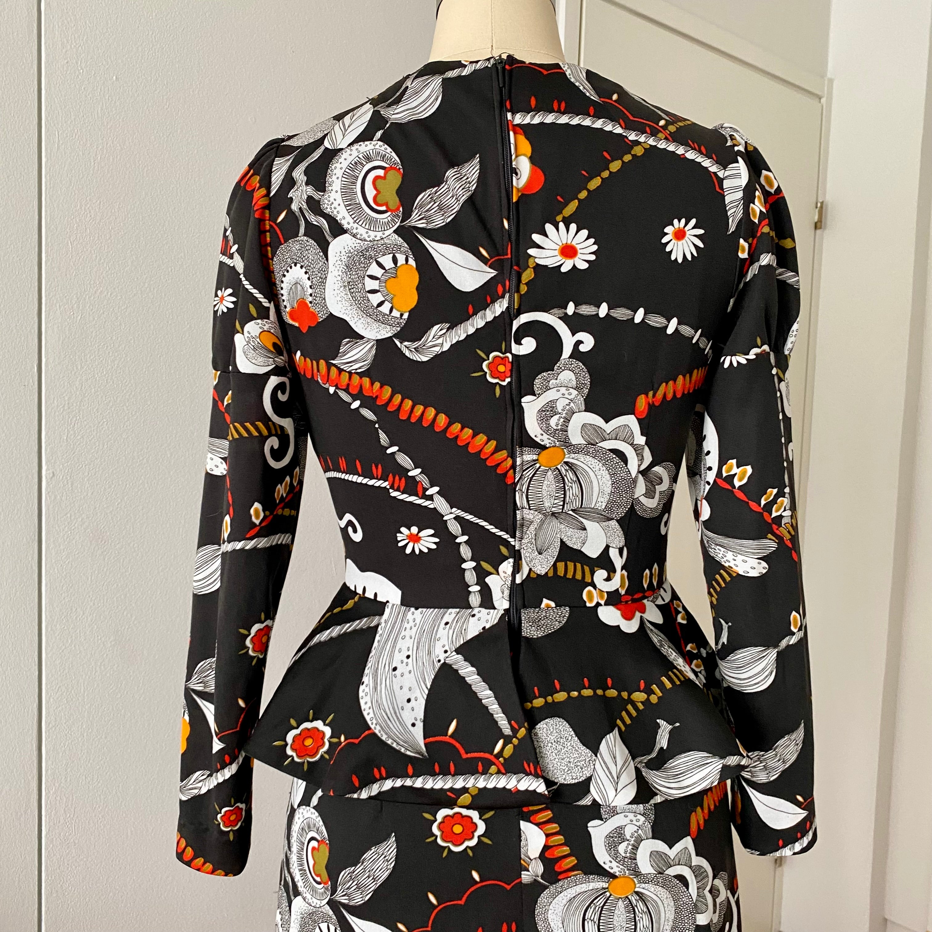 1970s Psychedelic Floral Maxi Dress-Black Vintage Peplum Waist Long Sleeves Dress