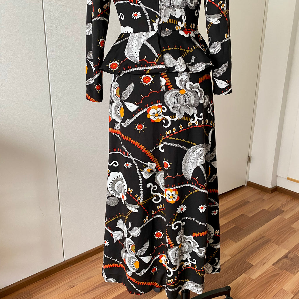 1970s Psychedelic Floral Maxi Dress-Black Vintage Peplum Waist Long Sleeves Dress