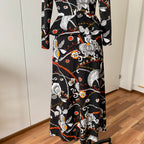1970s Psychedelic Floral Maxi Dress-Black Vintage Peplum Waist Long Sleeves Dress