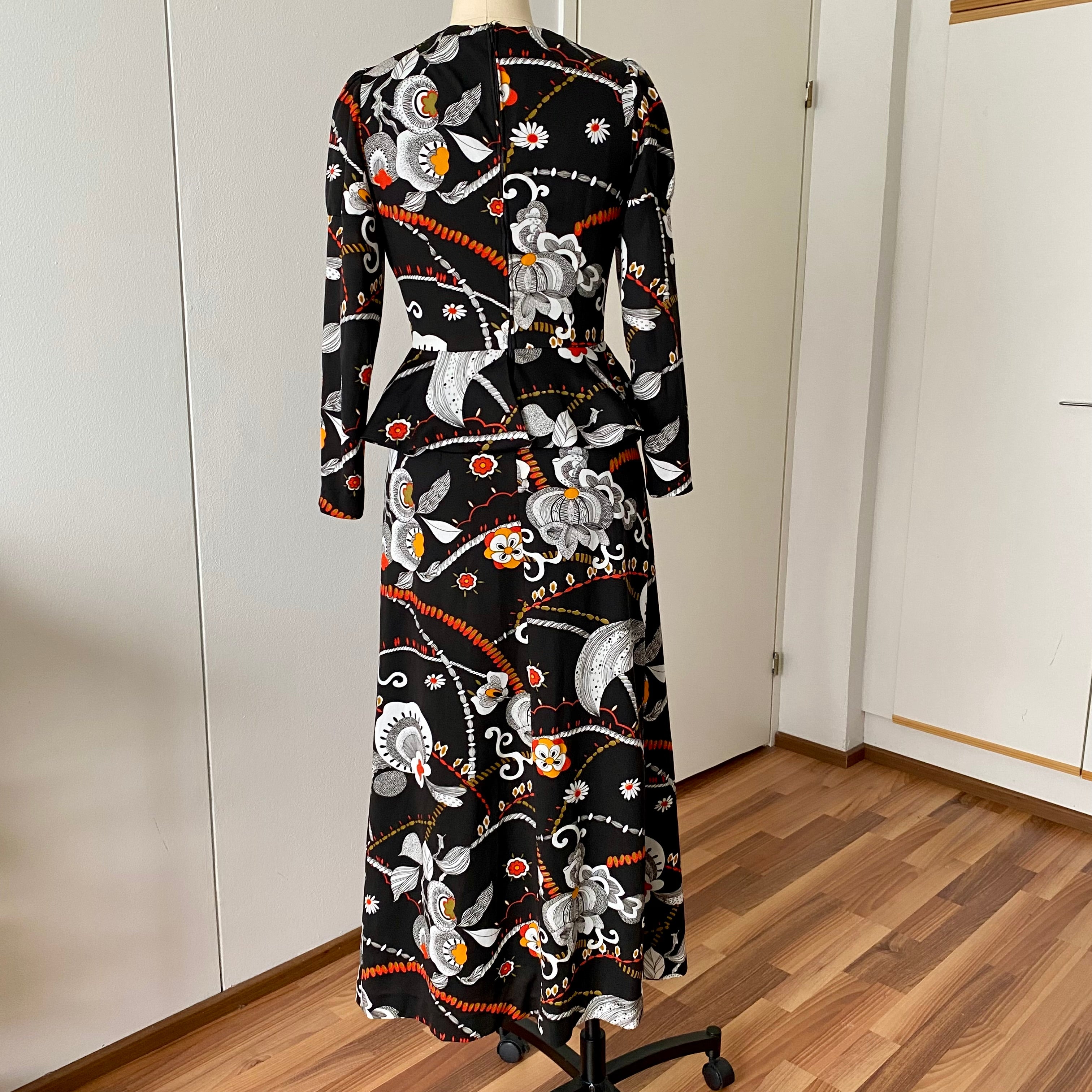 1970s Psychedelic Floral Maxi Dress-Black Vintage Peplum Waist Long Sleeves Dress