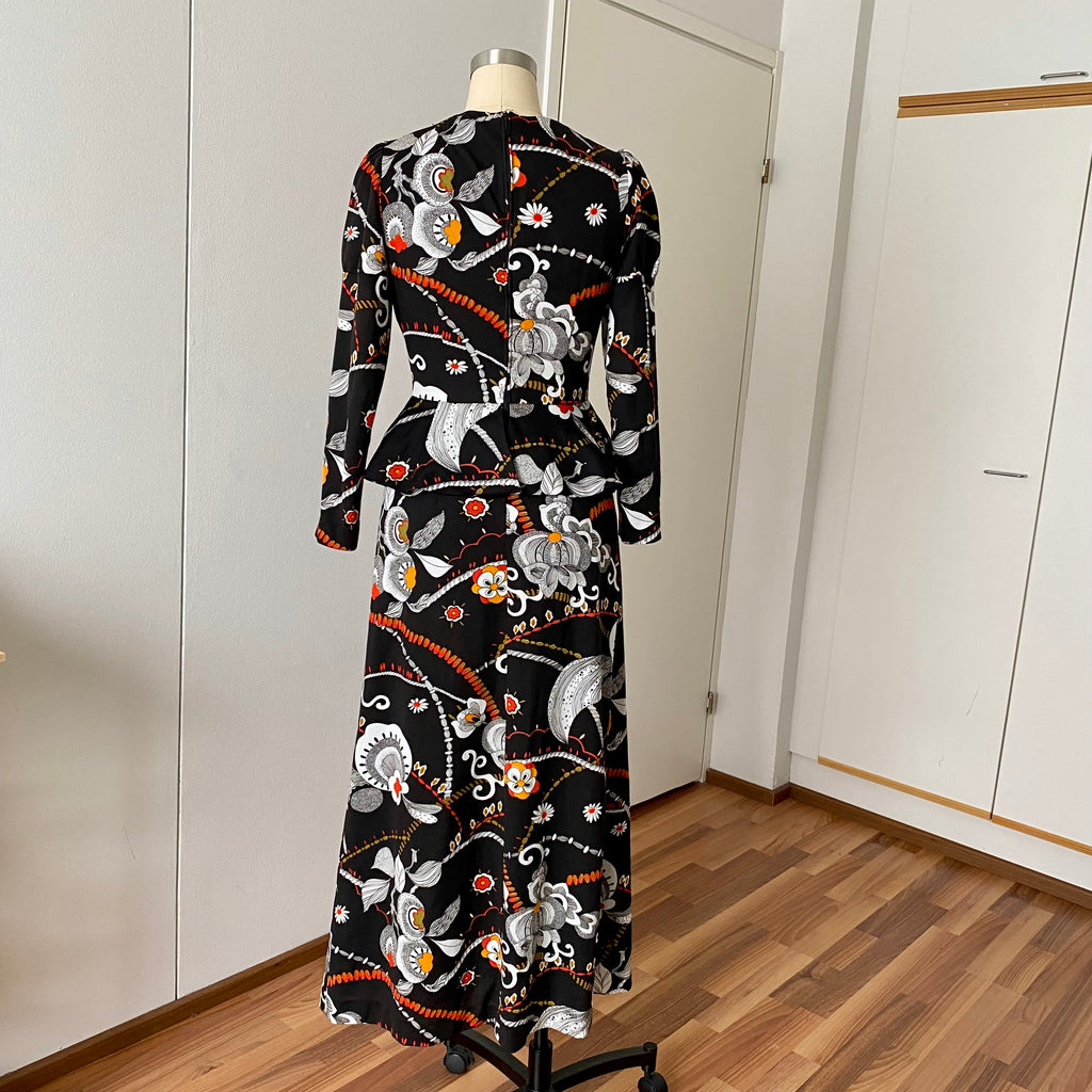 1970s Psychedelic Floral Maxi Dress-Black Vintage Peplum Waist Long Sleeves Dress