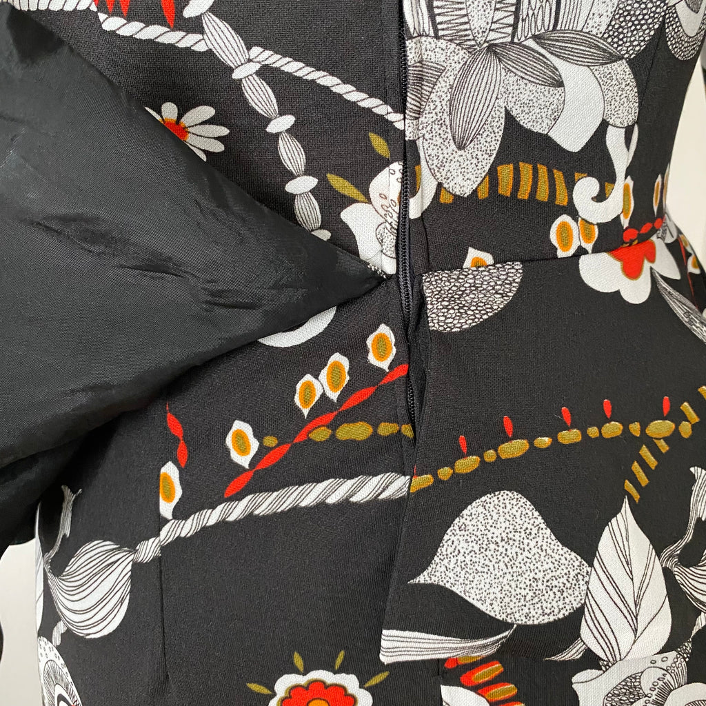 1970s Psychedelic Floral Maxi Dress-Black Vintage Peplum Waist Long Sleeves Dress