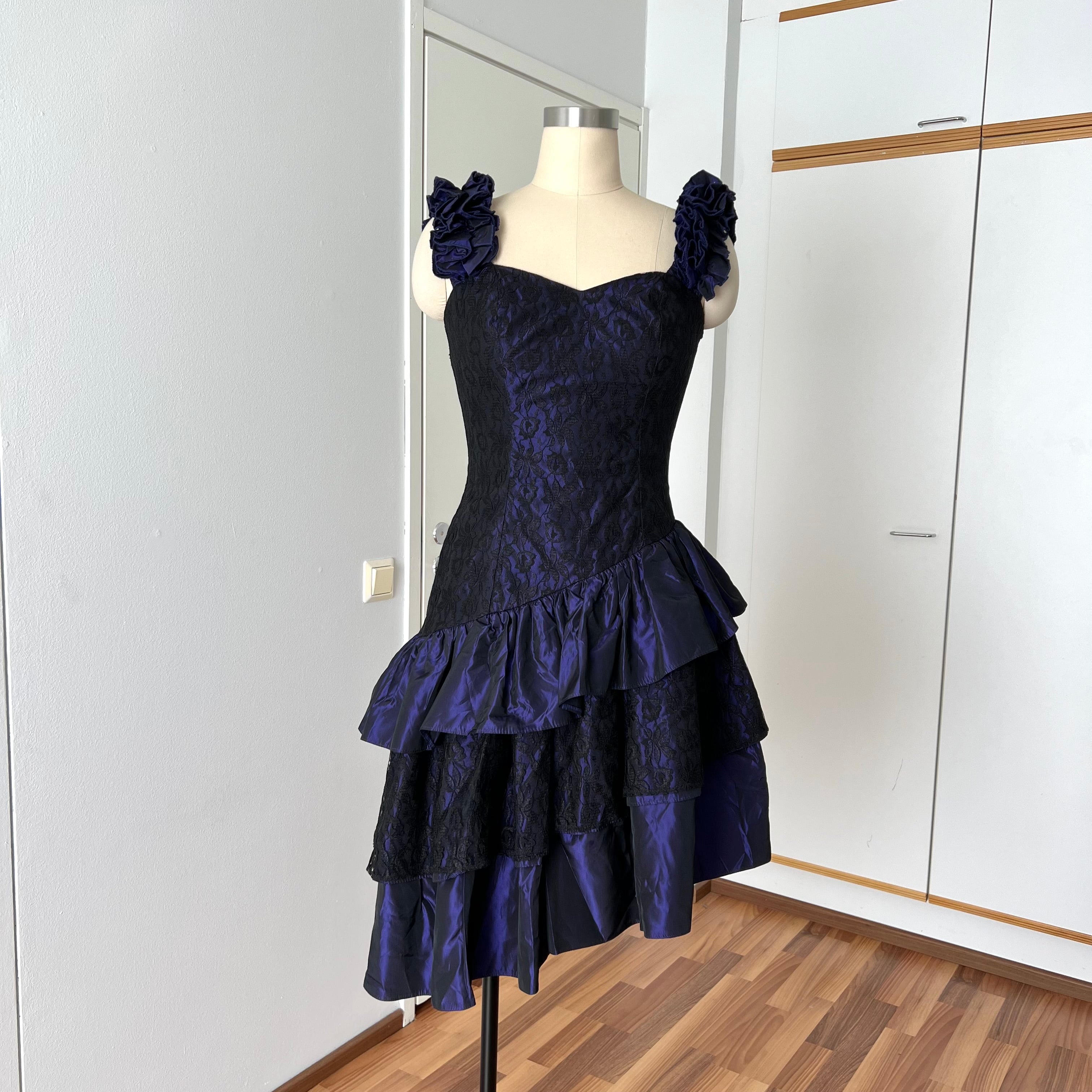1980s Taffeta Prom Party Dress-Purple Black Cocktail Dress