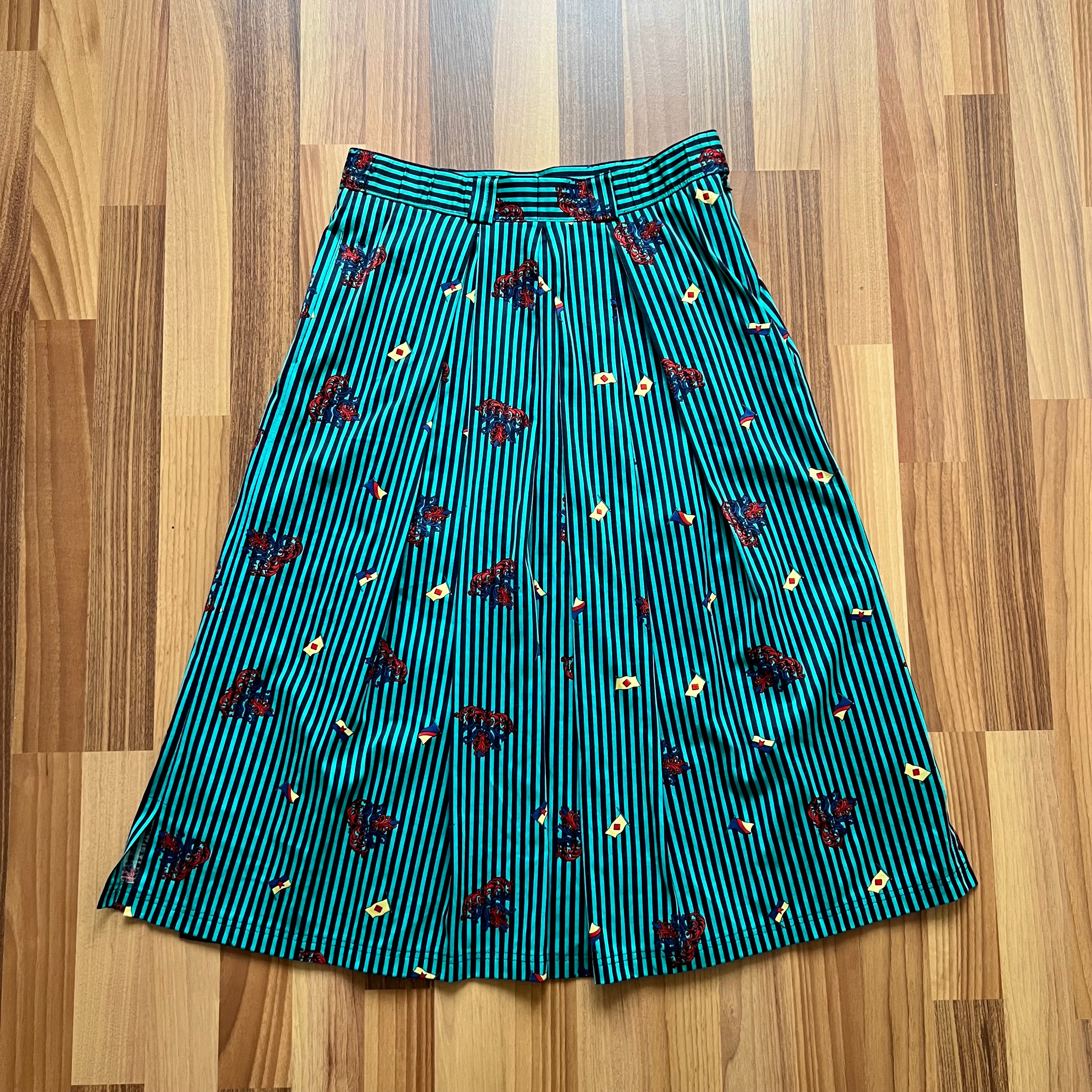 1980s Cotton Pleated Midi Skirt-High Waisted Preppy Summer Skirt-Striped Aline Skirt EU 38