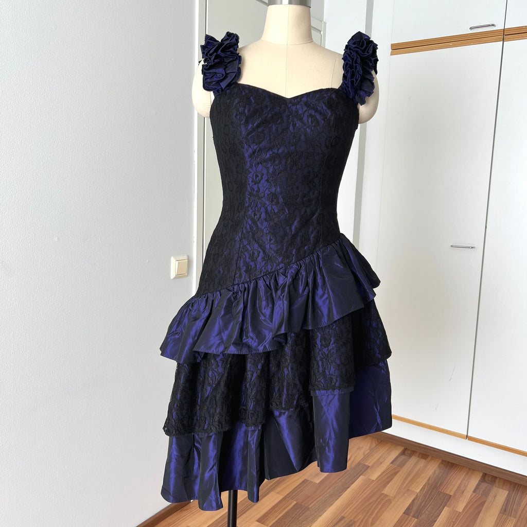 1980s Taffeta Prom Party Dress-Purple Black Cocktail Dress