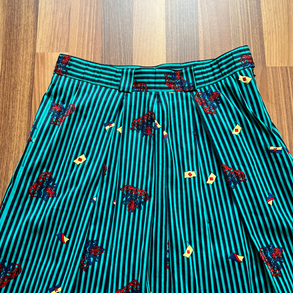 1980s Cotton Pleated Midi Skirt-High Waisted Preppy Summer Skirt-Striped Aline Skirt EU 38
