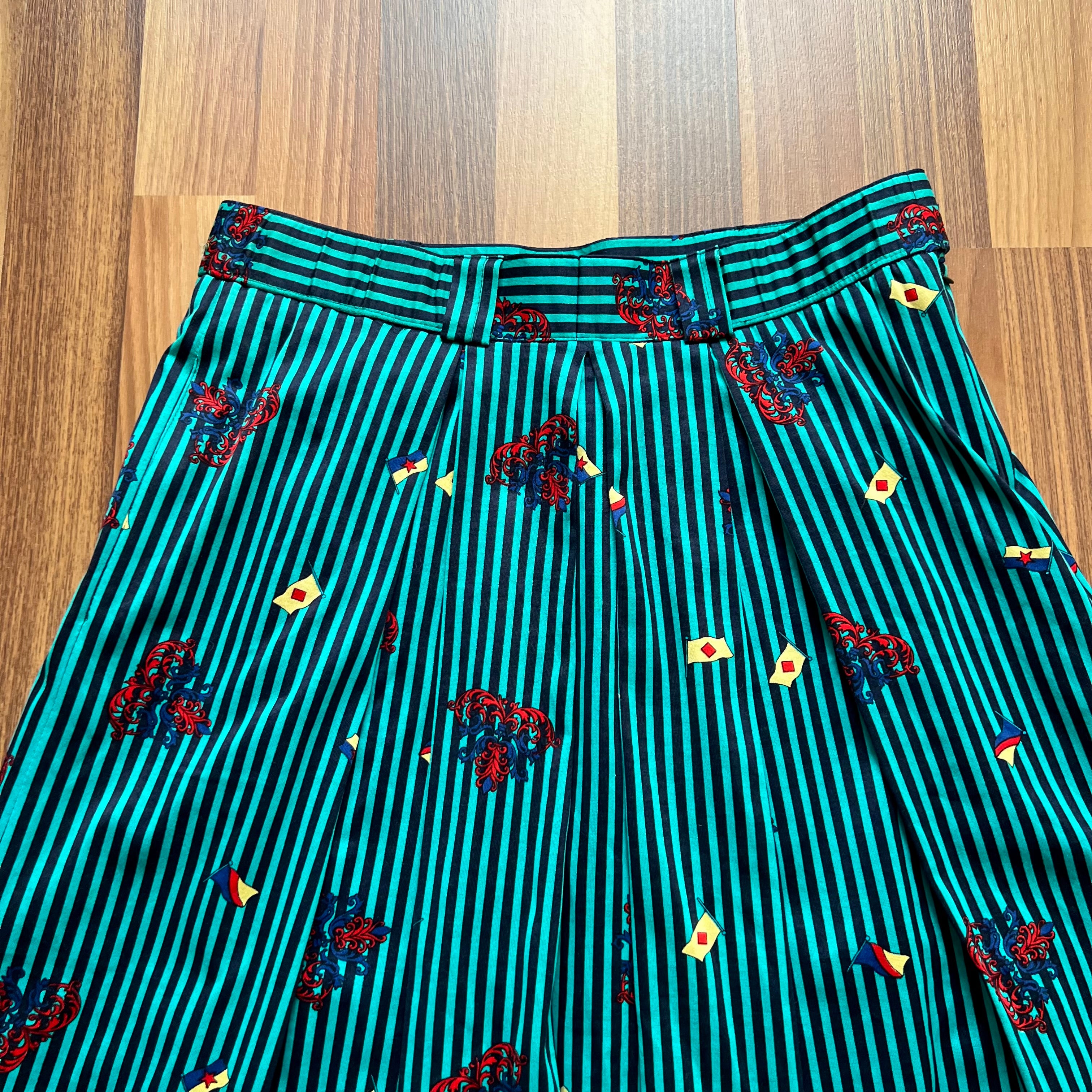 1980s Cotton Pleated Midi Skirt-High Waisted Preppy Summer Skirt-Striped Aline Skirt EU 38