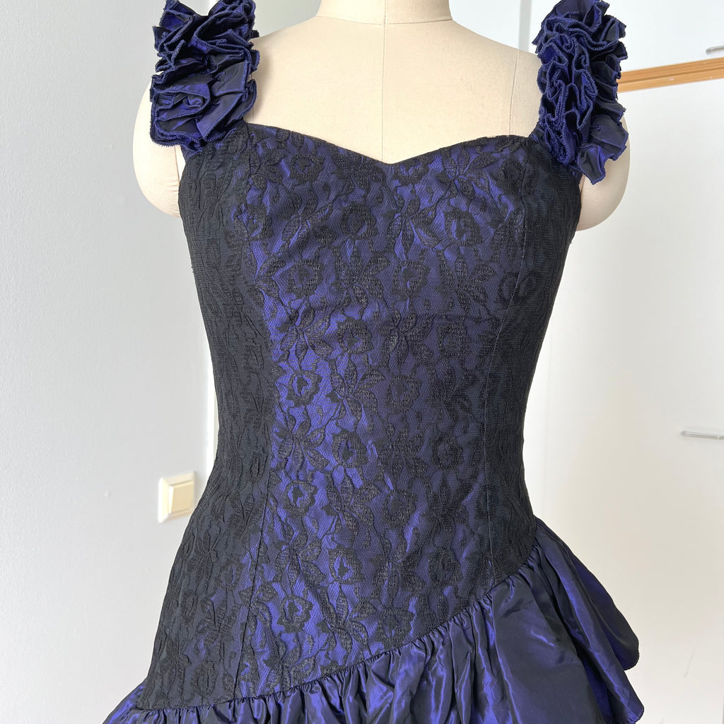 1980s Taffeta Prom Party Dress-Purple Black Cocktail Dress