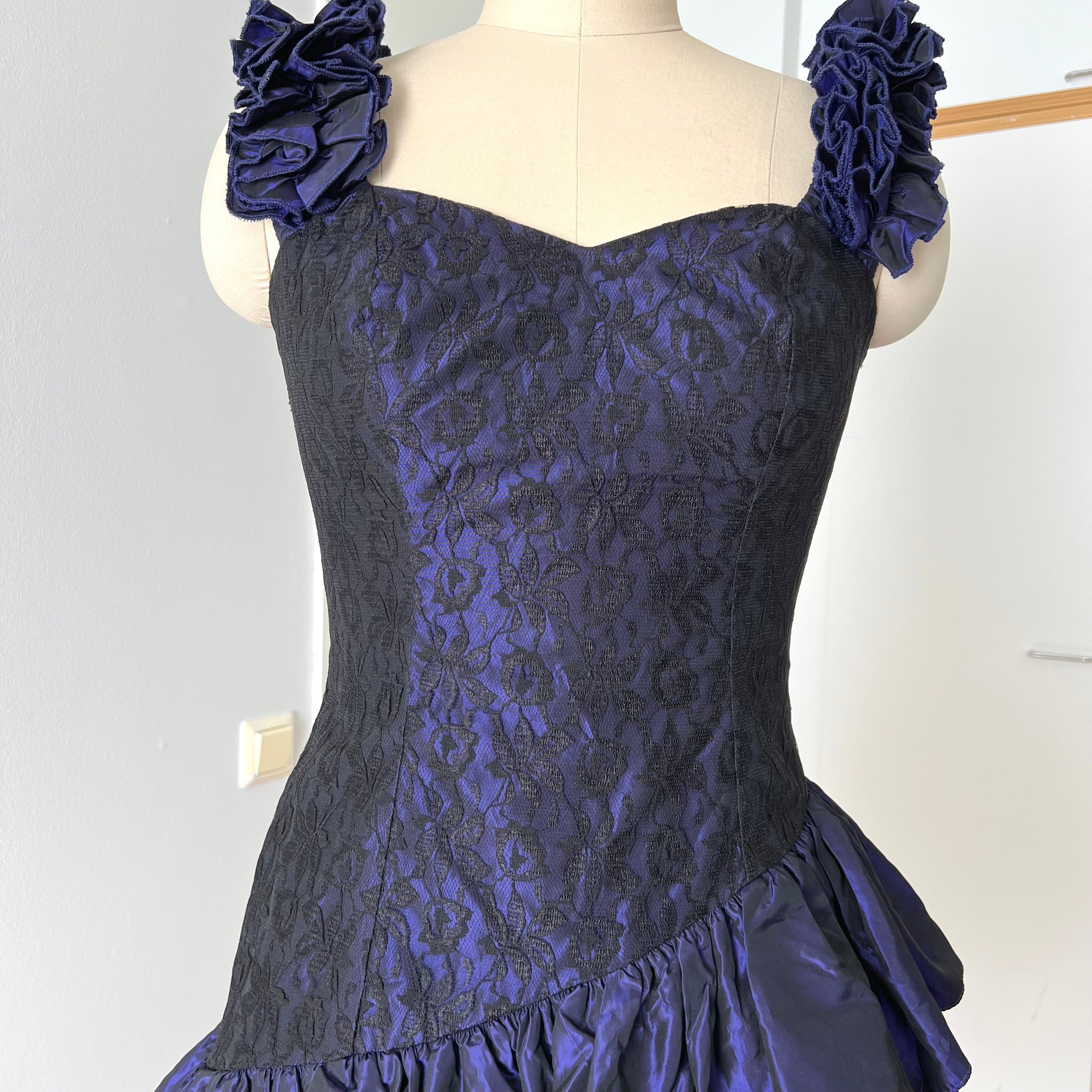 1980s Taffeta Prom Party Dress-Purple Black Cocktail Dress