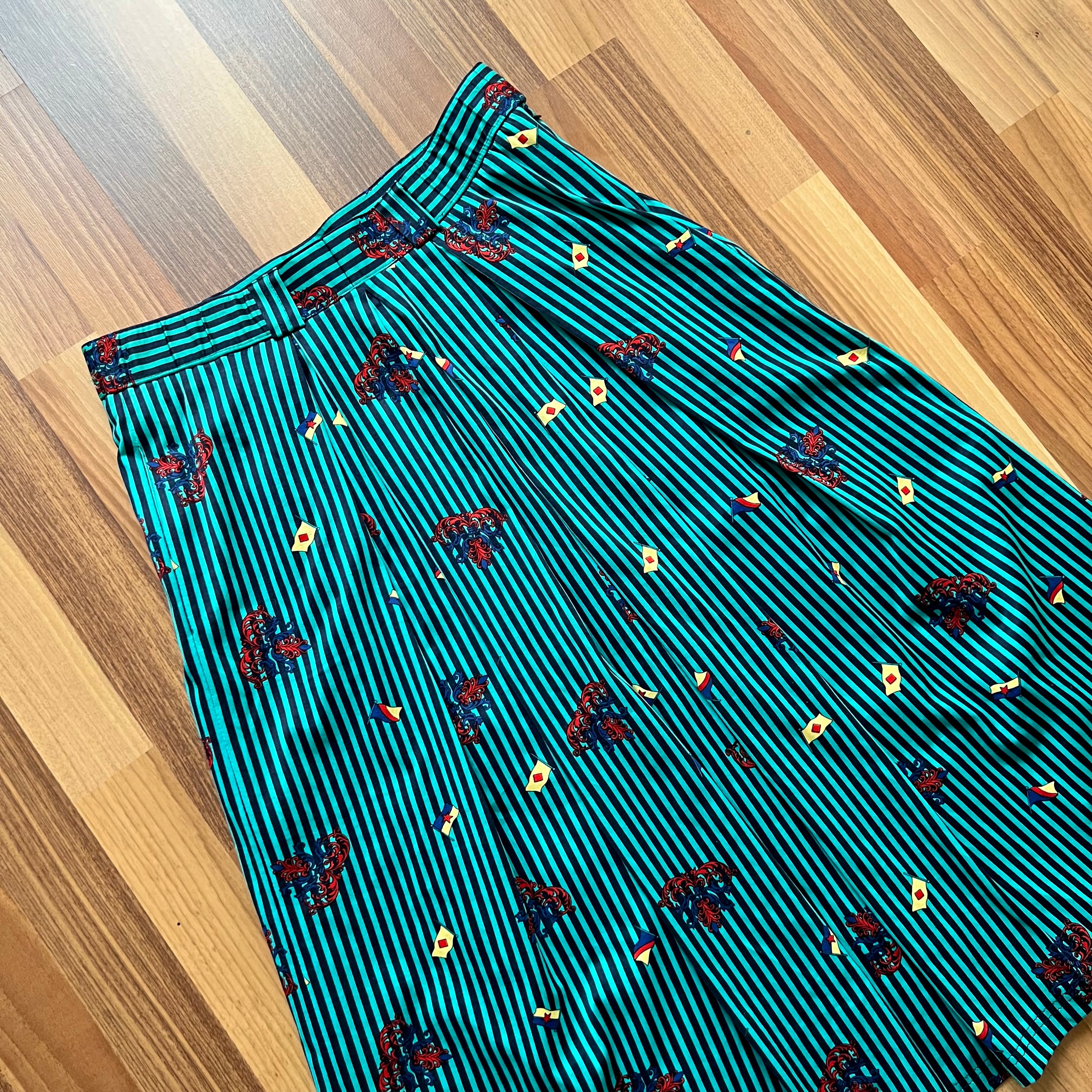 1980s Cotton Pleated Midi Skirt-High Waisted Preppy Summer Skirt-Striped Aline Skirt EU 38