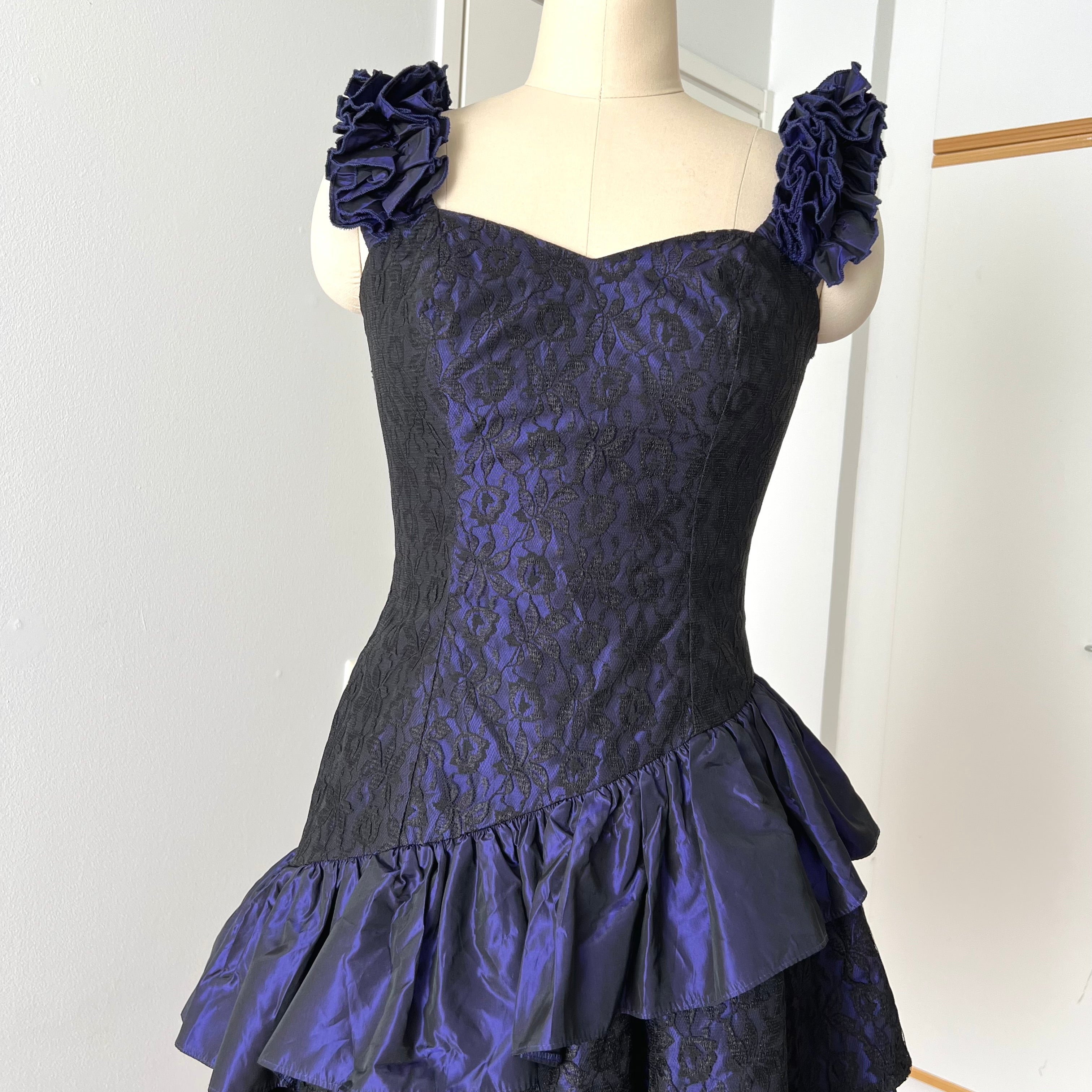 1980s Taffeta Prom Party Dress-Purple Black Cocktail Dress