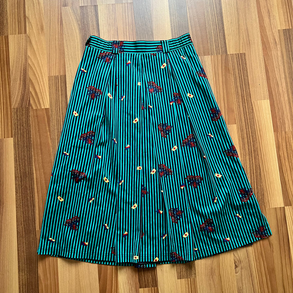 1980s Cotton Pleated Midi Skirt-High Waisted Preppy Summer Skirt-Striped Aline Skirt EU 38