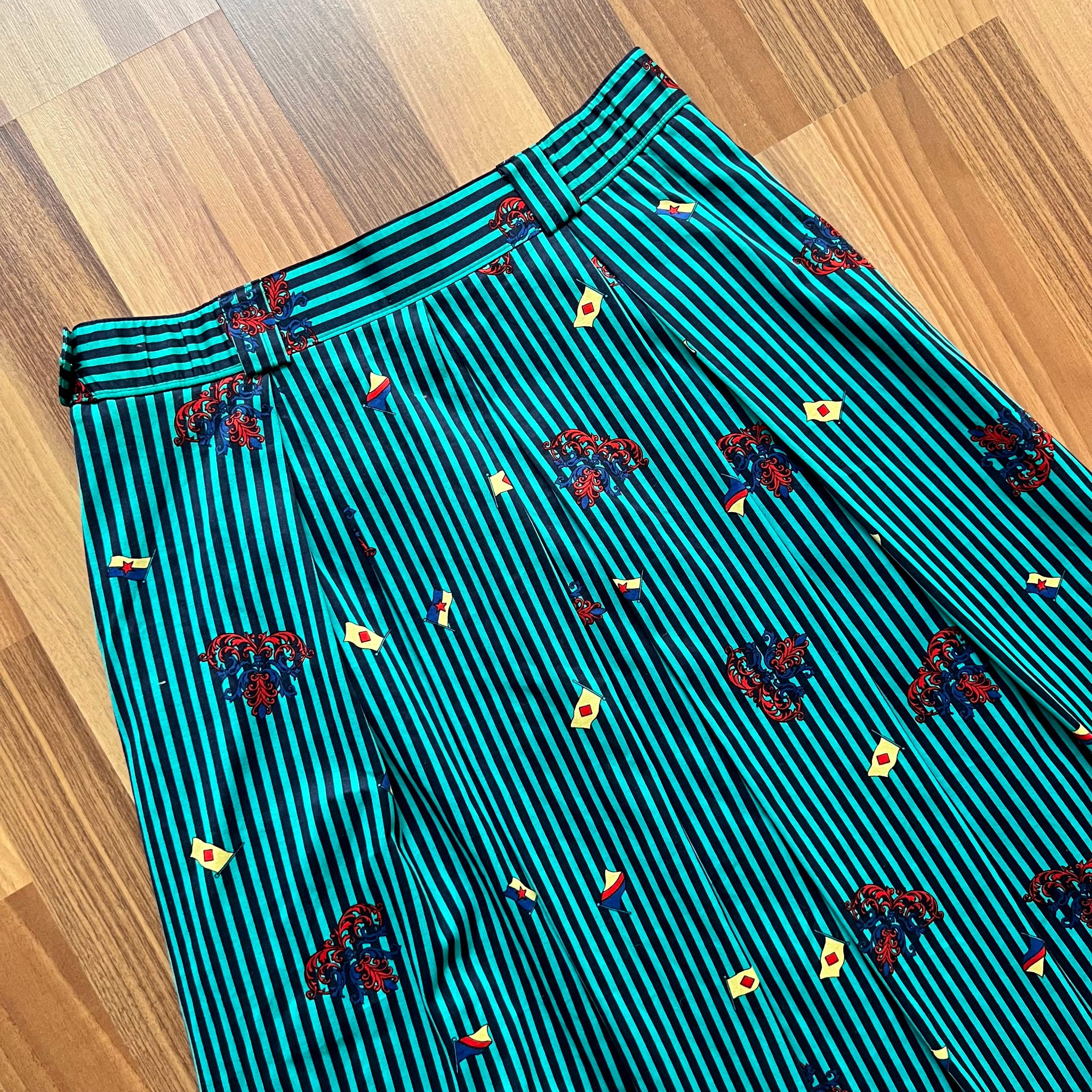 1980s Cotton Pleated Midi Skirt-High Waisted Preppy Summer Skirt-Striped Aline Skirt EU 38