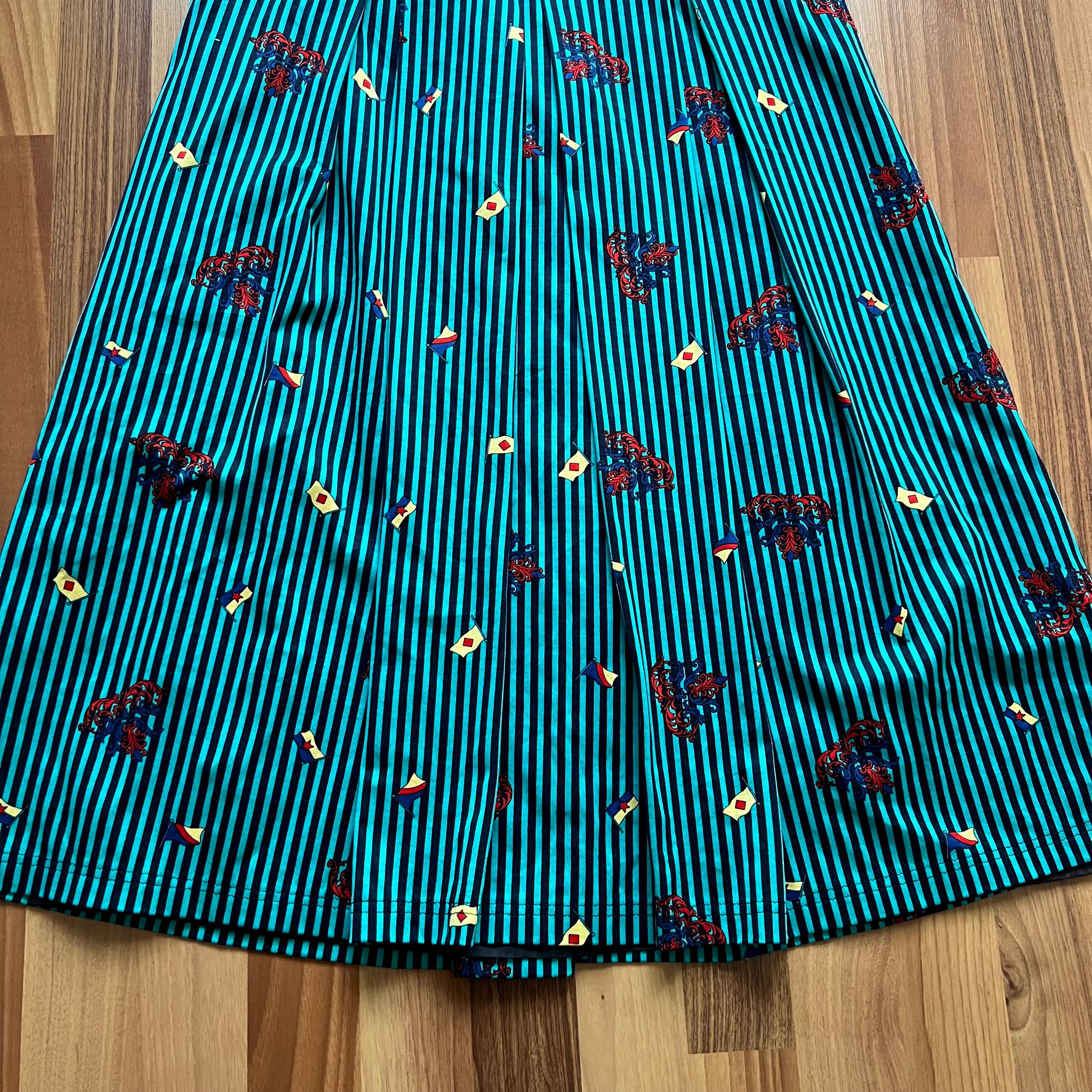 1980s Cotton Pleated Midi Skirt-High Waisted Preppy Summer Skirt-Striped Aline Skirt EU 38