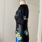 1970s KAUNOTAR Black Floral Maxi Dress-Puff Sleeves Finnish Vintage Dress