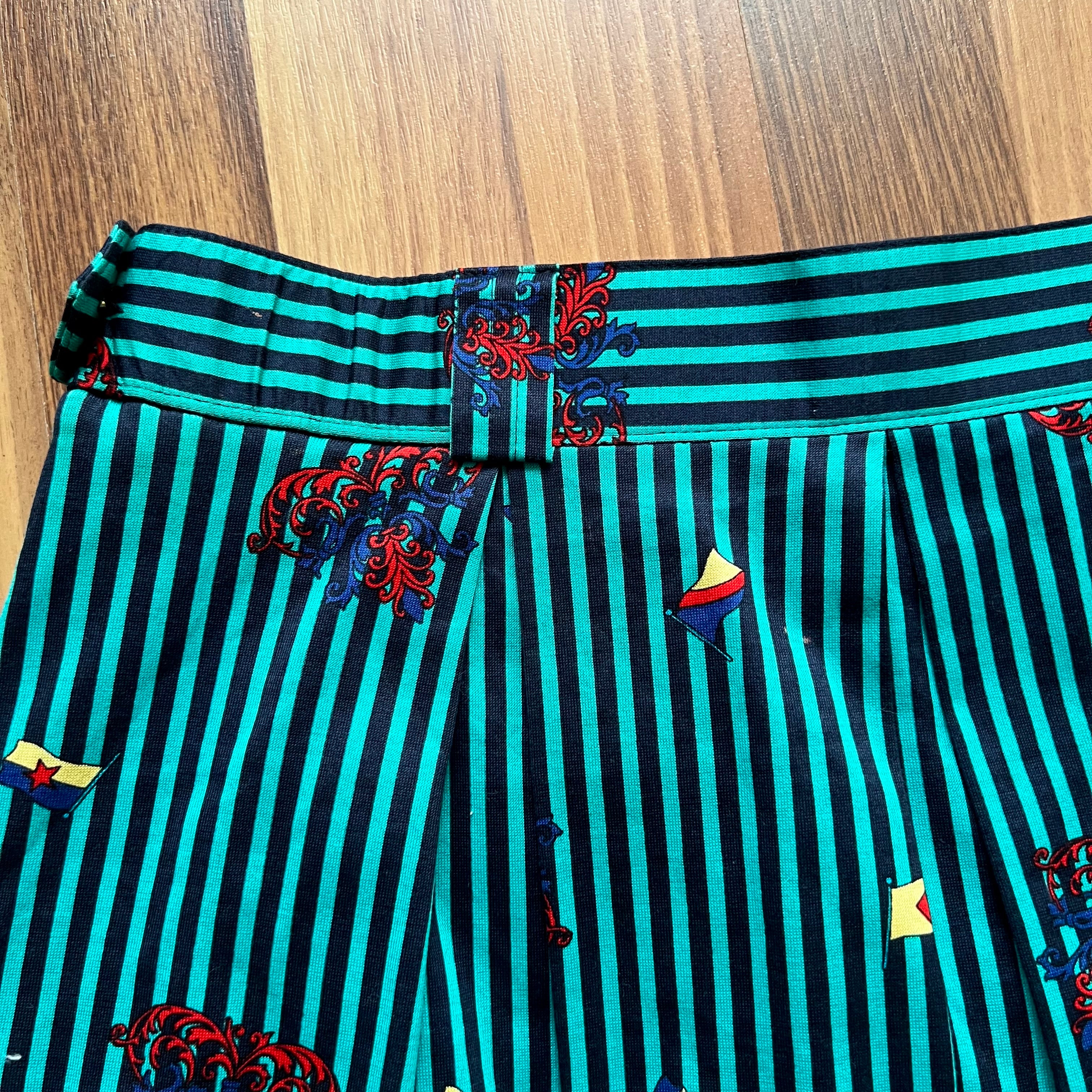 1980s Cotton Pleated Midi Skirt-High Waisted Preppy Summer Skirt-Striped Aline Skirt EU 38