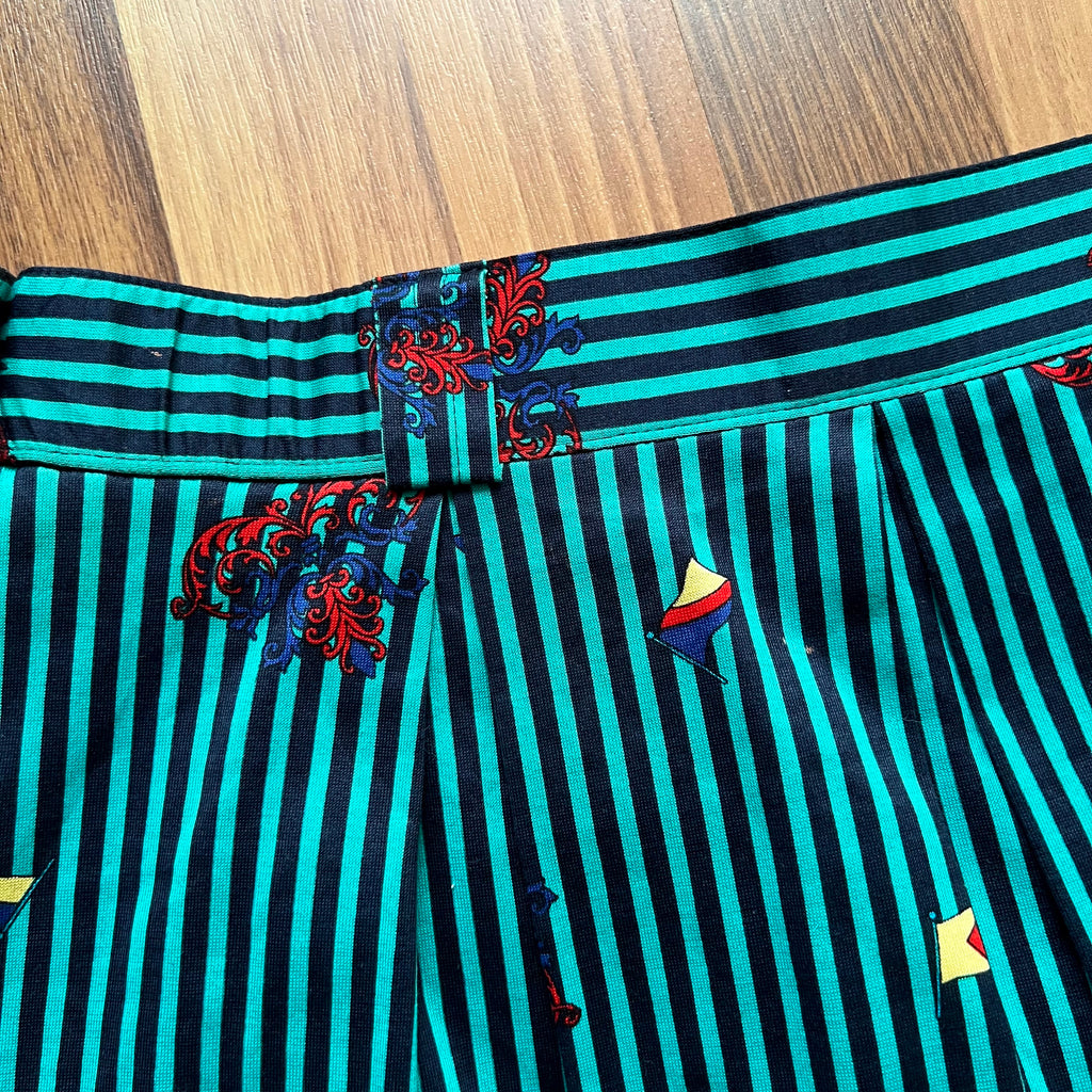 1980s Cotton Pleated Midi Skirt-High Waisted Preppy Summer Skirt-Striped Aline Skirt EU 38