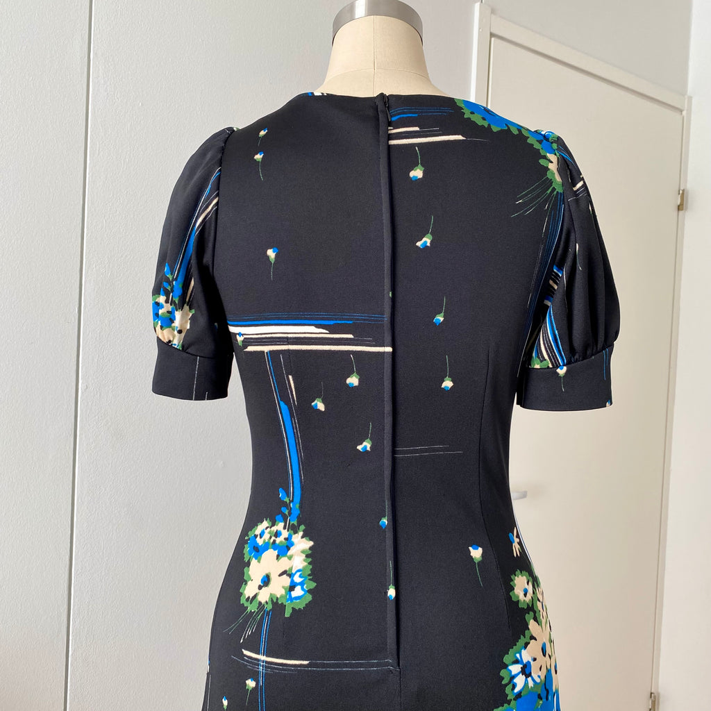 1970s KAUNOTAR Black Floral Maxi Dress-Puff Sleeves Finnish Vintage Dress