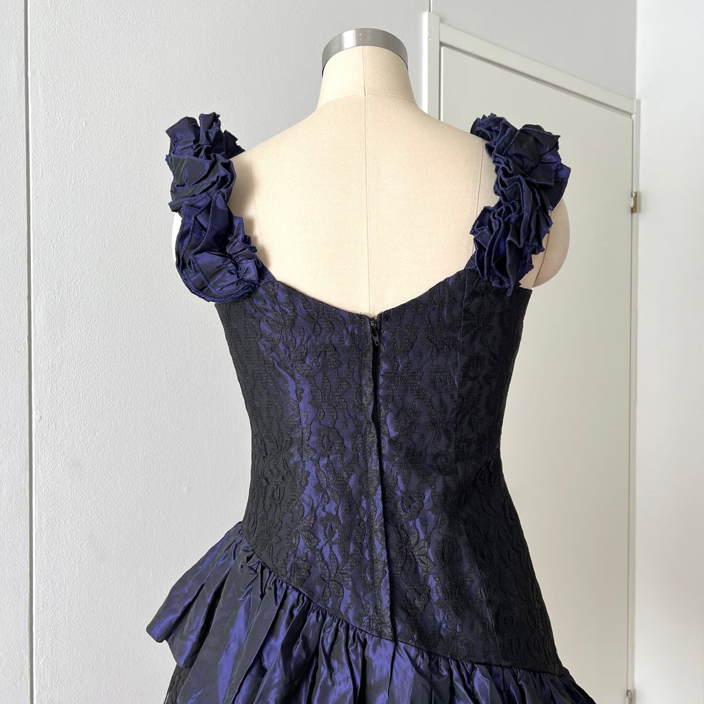 1980s Taffeta Prom Party Dress-Purple Black Cocktail Dress