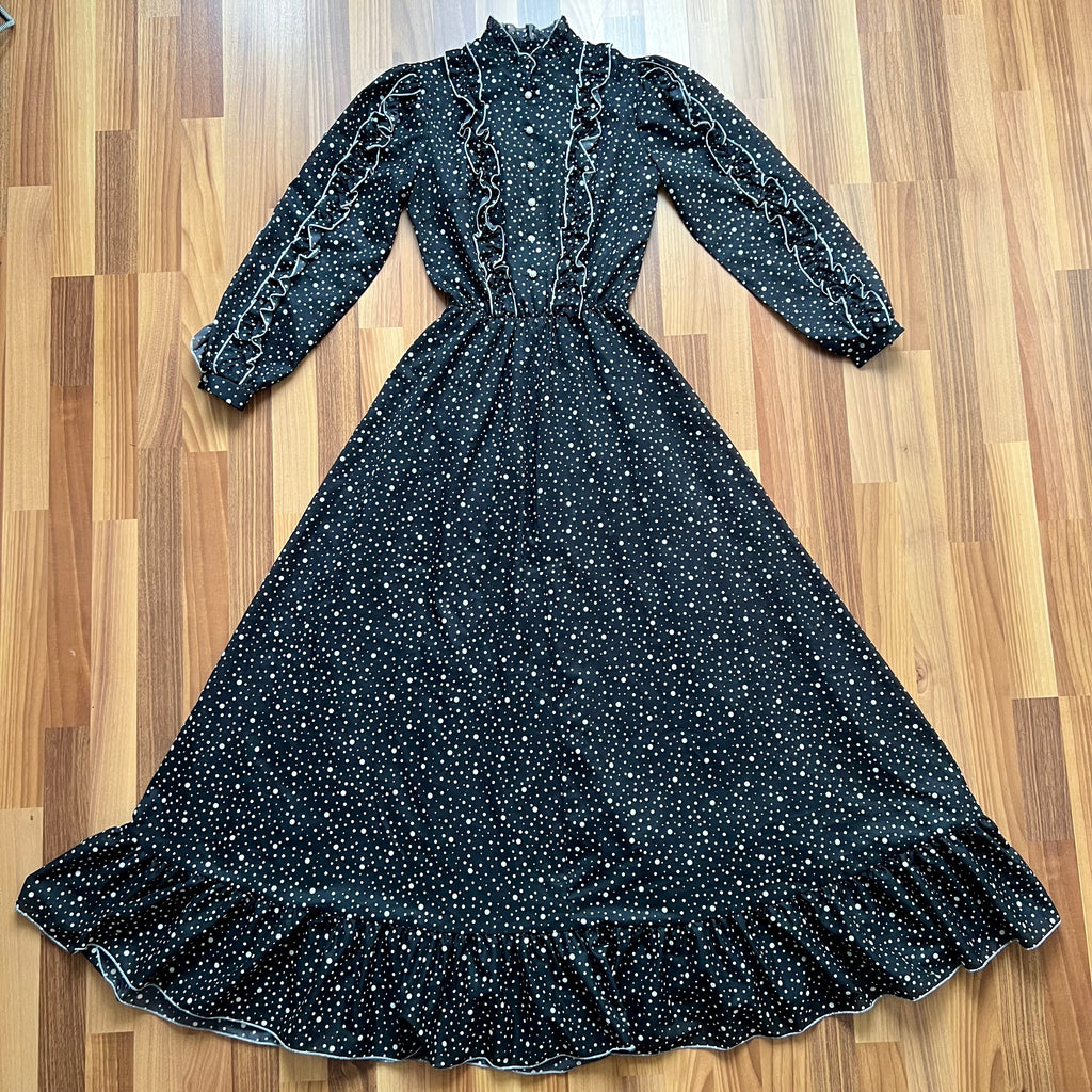 1970s Polka Dot Prairie Maxi Dress-Ruffled High Neck Gothic Dress-Long Sleeves Victorian Style Tiered 