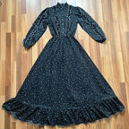 1970s Polka Dot Prairie Maxi Dress-Ruffled High Neck Gothic Dress-Long Sleeves Victorian Style Tiered 