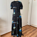 1970s KAUNOTAR Black Floral Maxi Dress-Puff Sleeves Finnish Vintage Dress