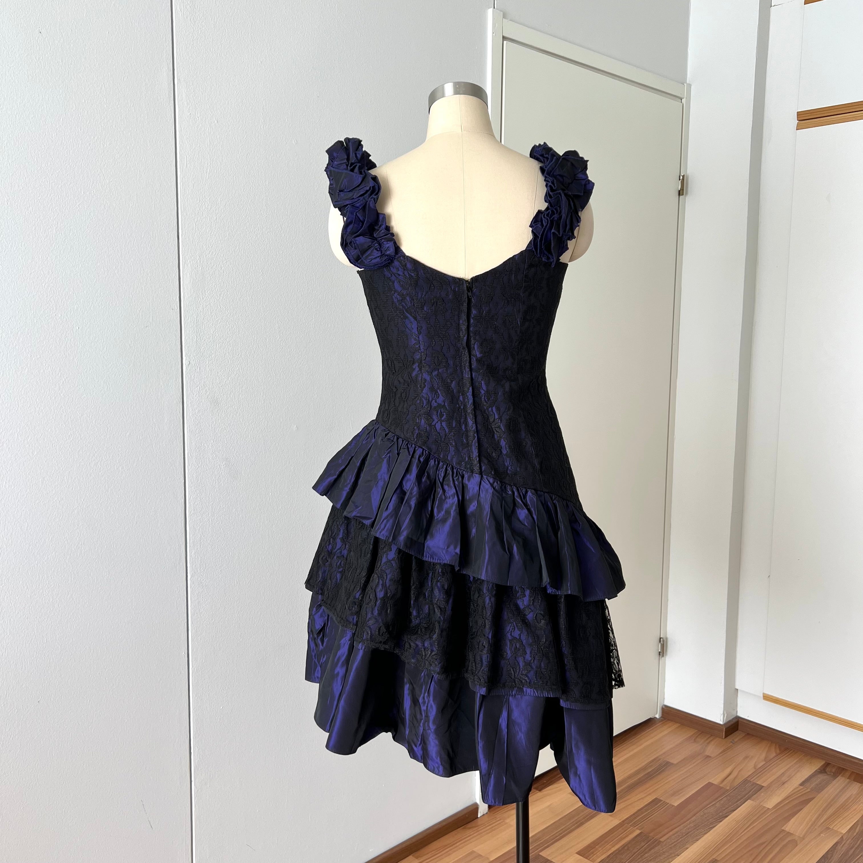 1980s Taffeta Prom Party Dress-Purple Black Cocktail Dress