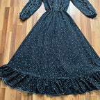 1970s Polka Dot Prairie Maxi Dress Ruffled High Neck Gothic Long Sleeves Victorian Style Tiered