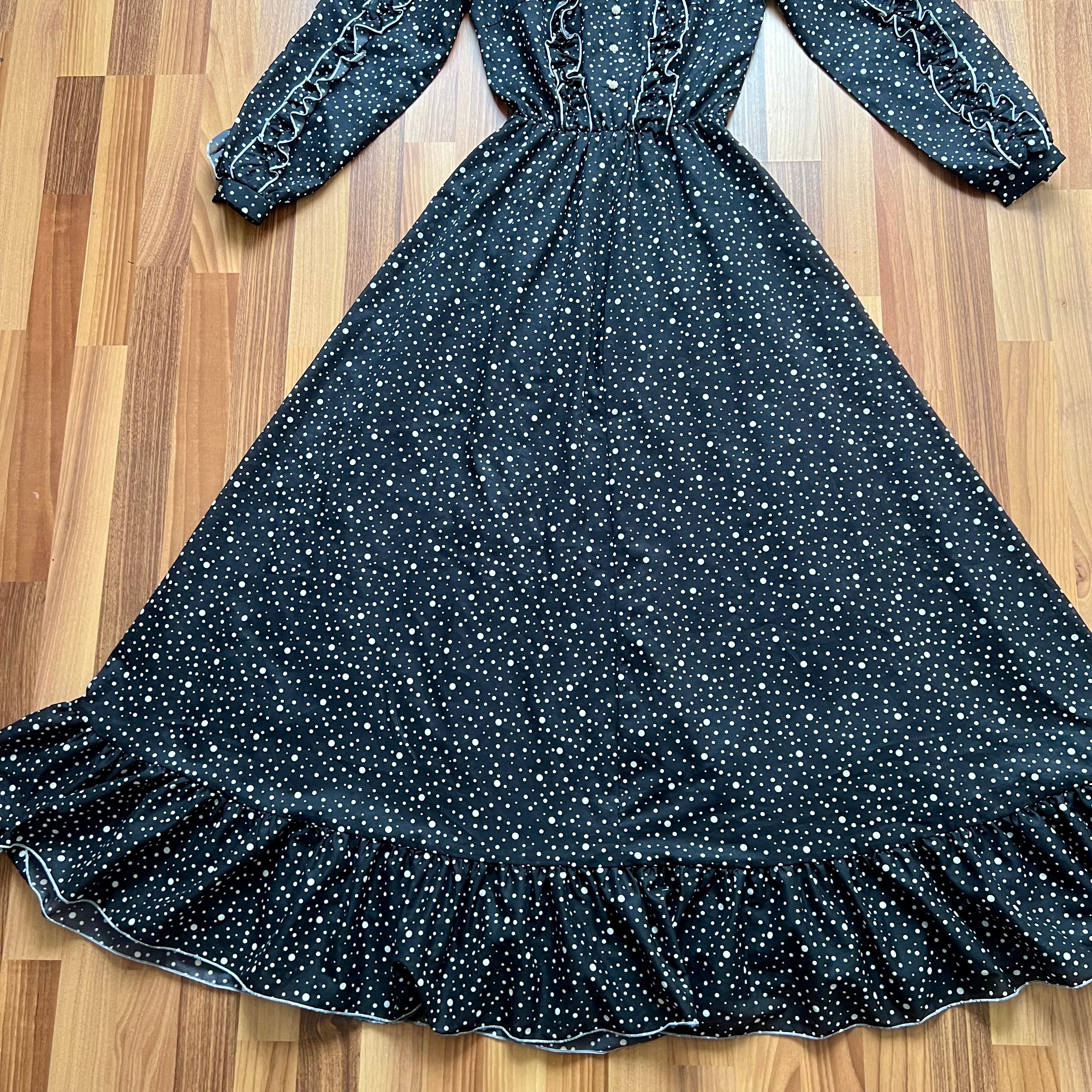 1970s Polka Dot Prairie Maxi Dress Ruffled High Neck Gothic Long Sleeves Victorian Style Tiered