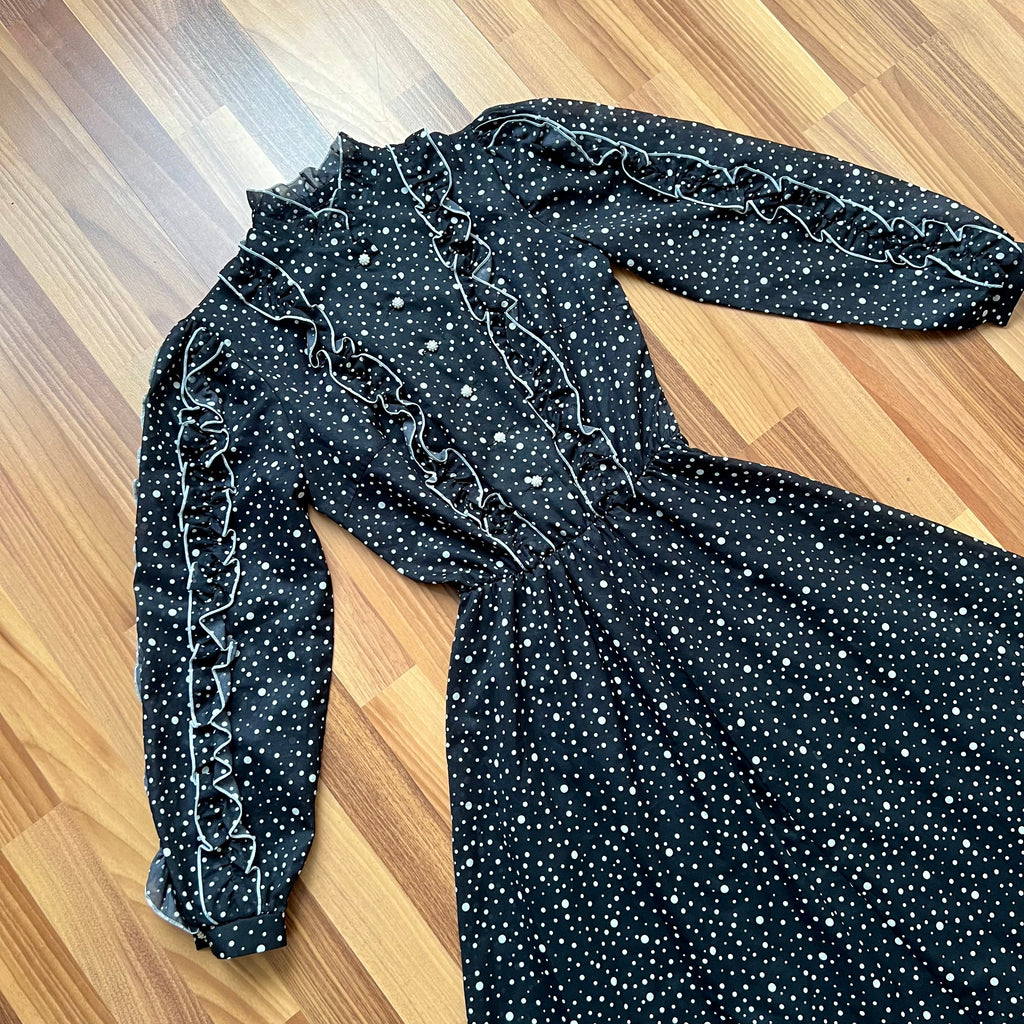1970s Polka Dot Prairie Maxi Dress Ruffled High Neck Gothic Long Sleeves Victorian Style Tiered