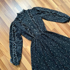 1970s Polka Dot Prairie Maxi Dress Ruffled High Neck Gothic Long Sleeves Victorian Style Tiered