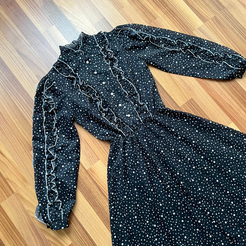 1970s Polka Dot Prairie Maxi Dress Ruffled High Neck Gothic Long Sleeves Victorian Style Tiered
