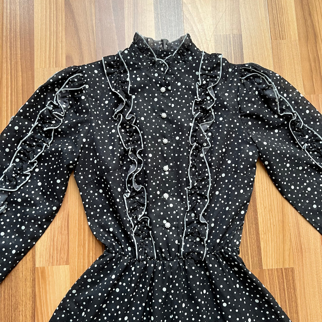 1970s Polka Dot Prairie Maxi Dress Ruffled High Neck Gothic Long Sleeves Victorian Style Tiered