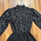 1970s Polka Dot Prairie Maxi Dress Ruffled High Neck Gothic Long Sleeves Victorian Style Tiered