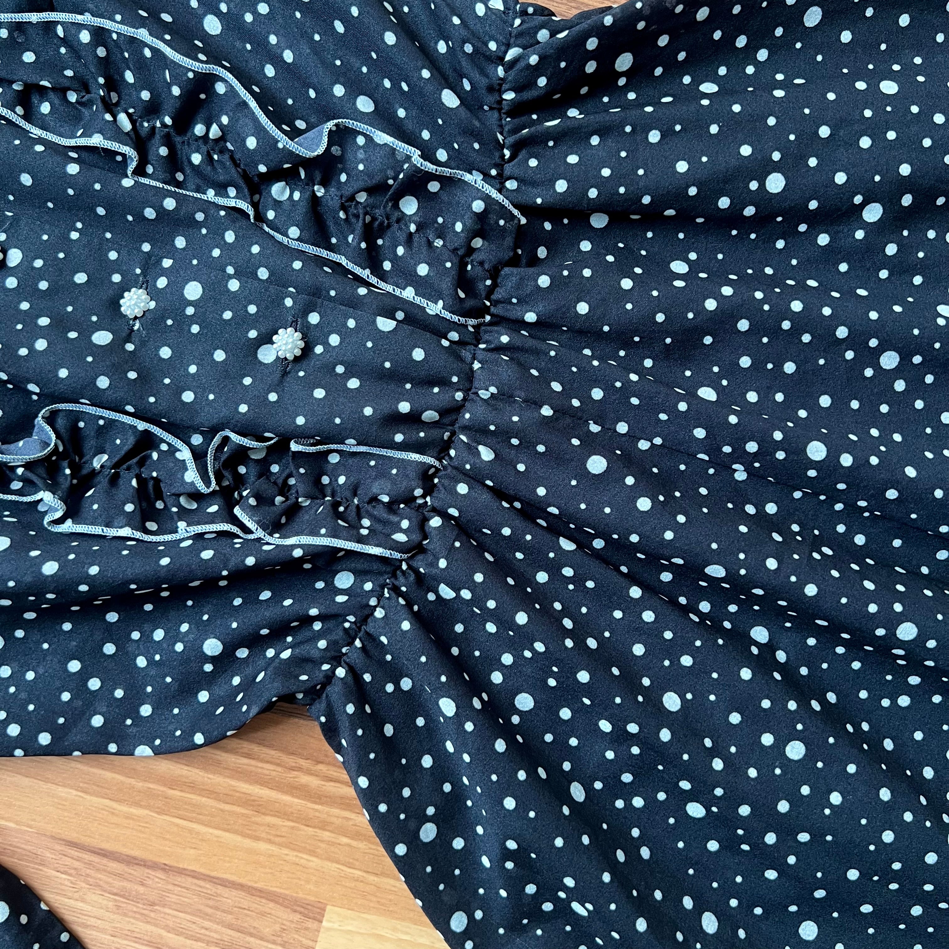 1970s Polka Dot Prairie Maxi Dress Ruffled High Neck Gothic Long Sleeves Victorian Style Tiered