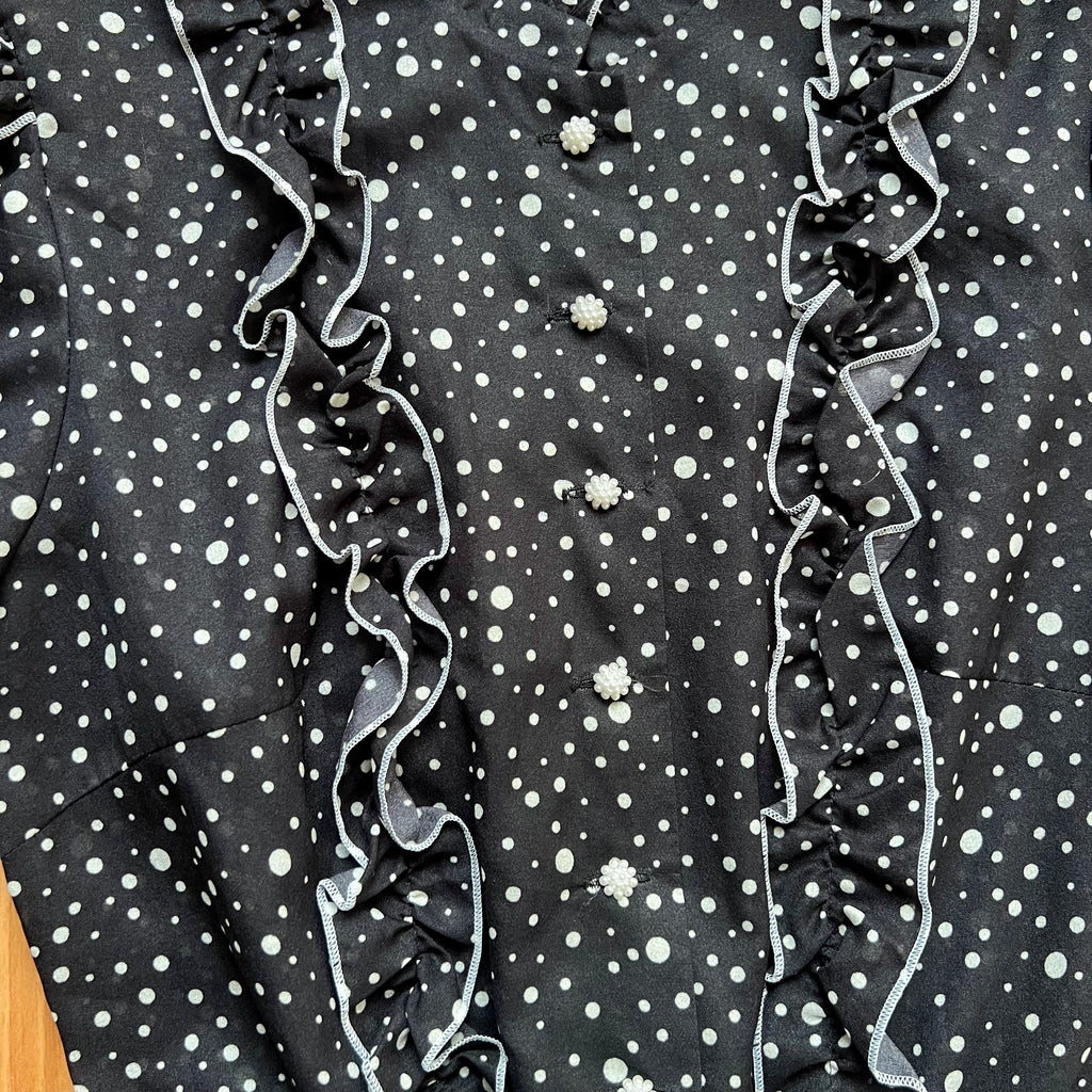 1970s Polka Dot Prairie Maxi Dress Ruffled High Neck Gothic Long Sleeves Victorian Style Tiered