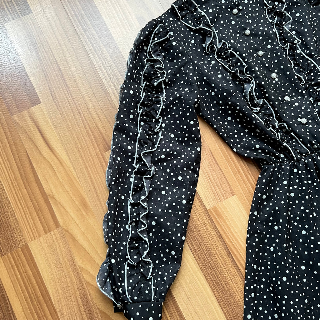 1970s Polka Dot Prairie Maxi Dress Ruffled High Neck Gothic Long Sleeves Victorian Style Tiered