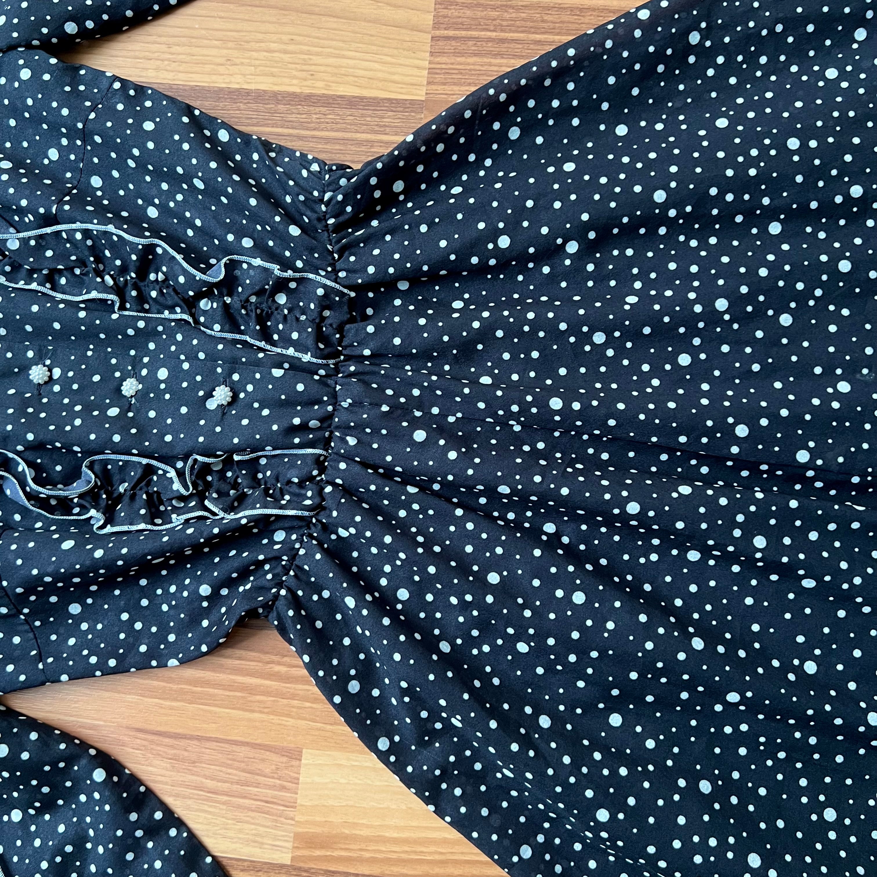 1970s Polka Dot Prairie Maxi Dress Ruffled High Neck Gothic Long Sleeves Victorian Style Tiered