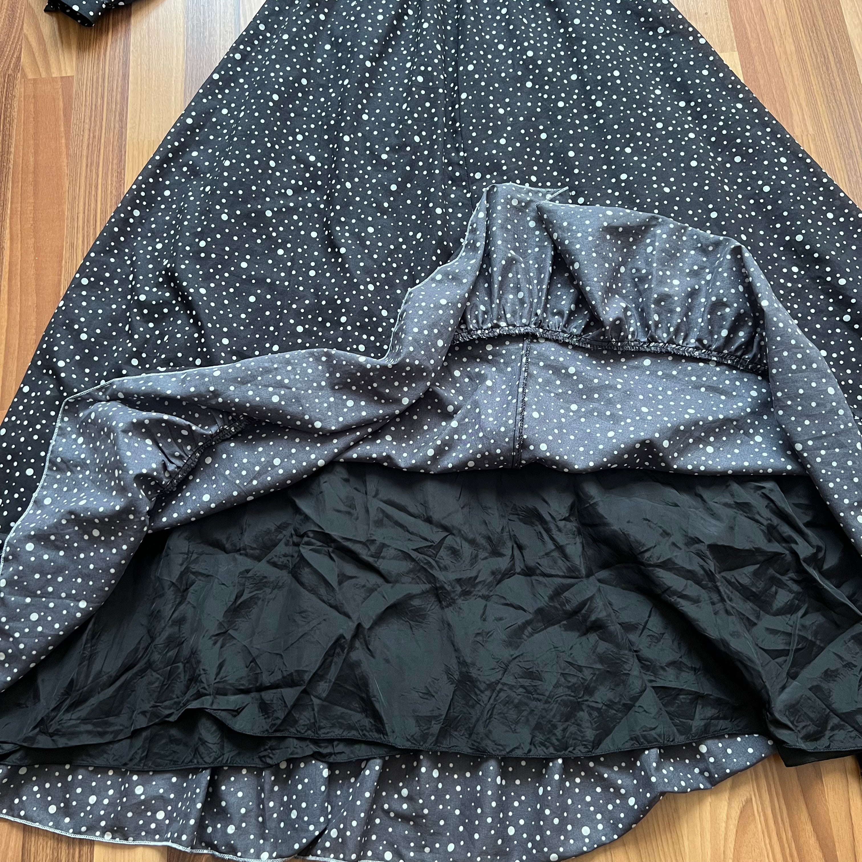 1970s Polka Dot Prairie Maxi Dress Ruffled High Neck Gothic Long Sleeves Victorian Style Tiered