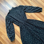 1970s Polka Dot Prairie Maxi Dress Ruffled High Neck Gothic Long Sleeves Victorian Style Tiered